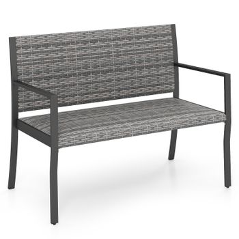 Costway Banco de Ratán 2 Plazas con Estructura Metálica Respaldo y Reposabrazos Asiento Acolchado para Patio Terraza Carga 360kg Gris