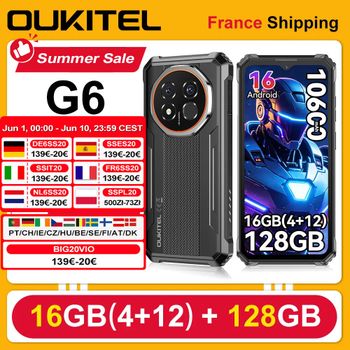 Teléfono resistente OUKITEL G6, Android 16, 16 GB (4+12) + 128 GB, Unisoc T615, 4G, Cámara 64MP, Pantalla 6,52 pulgadas 90Hz, Batería 10600mAh, NFC