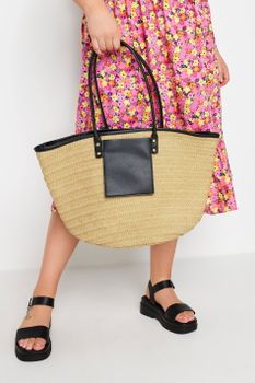 Cesto De Paja Con Bolsillo Negro Contraste