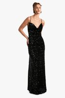 vestido maxi lencero de terciopelo y lentejuelas con escote plisado negro