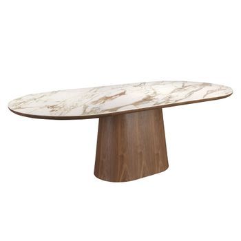 Mesa Comedor Ovalada Medio Punto Mármol Porcelánico Y Nogal Angel Cerdá 1173 Ø240x120x76