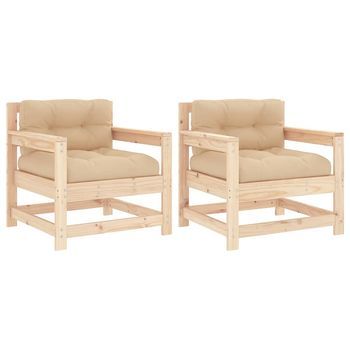 Pack 2 Uds Sillones De Jardín | Silla De Jardín | Silla De Exterior Con Cojines Madera Maciza De Pino