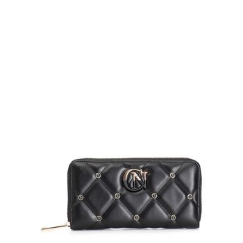 cartera con cremallera redonda, aplicaciones de remaches de colores y logo bicolor black