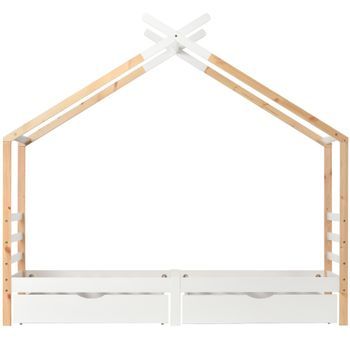 Cama Infantil 90x200 Cm - Casa Con Cajones, Madera Maciza Con Somier, Pino - Blanco + Color Madera