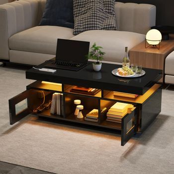 Mesa De Centro Negra Brillo 100x50cm Led Rgb App Con Enchufe Usb Almacenaje Salón Dormitorio Oficina Mesa Auxiliar Despacho Moderna