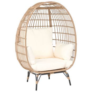 Silla Cesta De Ratán Color Natural Patas Hierro Negro Cojines Beige Respaldo Alto Boho Jardín Terraza Sala De Estar Veroli
