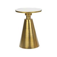 mesa auxiliar redonda de estilo moderno con tapa de piedra y base de metal en color dorado y blanco andres