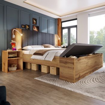 Cama De Madera De 180x200 Cm, Doble, Con Cabecero Plegable, Espacio De Almacenamiento, Mesas, Banco, Lámparas Usb, Somier De Láminas, De Roble, Sin Colchonetas.