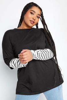 Yours Top Algodón 2 En 1 Negro Con Mangas De Rayas, Mujer Curvy Y Tallas Grandes, Yours