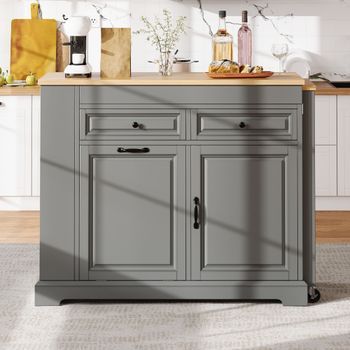 Isla De Cocina Con Ruedas Y Encimera Extensible, Gris, De 112 A 180 Cm