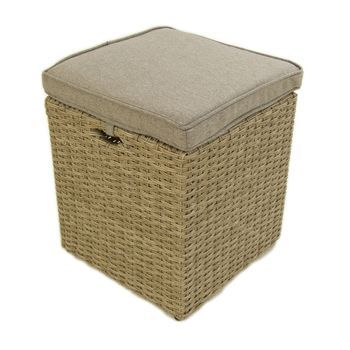 Puff De Jardín, Aluminio Y Rattán Sintético Color Natural, Medidas 40x40x49 Cm, Cojín Desenfundable Marrón, Reposa Pies De Salón, Puff Para Terraza, Asiento De Jardín, Reposapies Trenzado Con Cojín