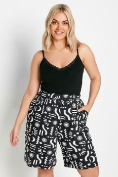 Yours Bermudas Elásticas Estampadas En Blanco Y Negro, Mujer Curvy Y Tallas Grandes, Yours