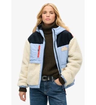 Superdry para mujer. W5011772A Chaqueta Borrego azul, blanco roto (M), Casual, Poliéster