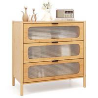 costway comoda de 3 cajones de bambu con frente de vidrio templado estriado 80 x 40 x 785 cm