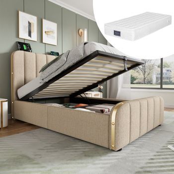 Cama Individual Acolchada Con Cabecero Acolchado, Bandas Doradas, Carga Usb Tipo C, Lino Beige, Almacenamiento Hidráulico, 90x200 Cm, Con Colchón