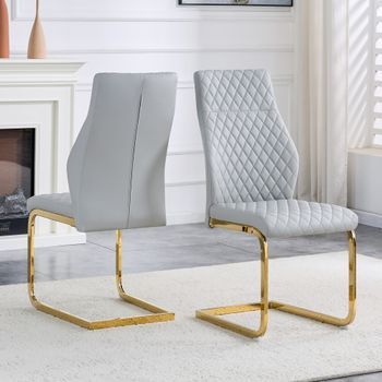 Pack De 2 Sillas De Comedor Gris Claro Y Dorado, Respaldo Alto De 100 Cm Y Tapizado De Rombos