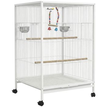 PawHut Jaula para Pájaros con Ruedas con Comederos Perchas Columpio y Bandeja Extraíble 48x46x78 cm Blanco