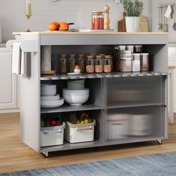 Carro De Cocina - Mueble Auxiliar - Mdf Y Vidrio - Gris (122x46x91cm)