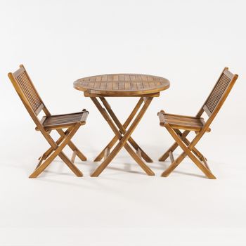 Conjunto De Exterior, Mesa Redonda 80 Cm Y 2 Sillas Plegables, Madera Teca Grado A, Tratamiento Al Agua Aplicado, Juego De Comedor De Teka, Set Sillas Y Mesa De Teka, Set Terraza