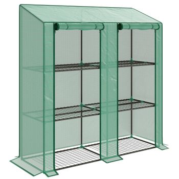 Outsunny Invernadero de Jardín de 3 Niveles con Estantes Techo Inclinado y Puertas con Cremallera 143x46x141/151 cm Verde   Aosom España