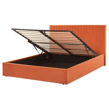 Cama Con Almacenaje De Terciopelo Naranja 160 X 200 Cm Cabecero Capitoné Vion