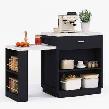 Isla De Cocina Con Mesa Extensible, Enchufes Integrados Y Almacenamiento, 211x55x89.5 Cm, Mdf, Isla De Cocina Negra Con Encimera Efecto Mármol