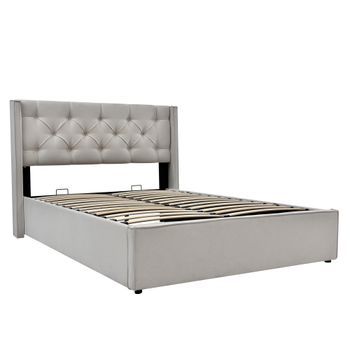Cama Tapizada Hidráulica De 140x200cm-base De Láminas Metálicas-gris Claro