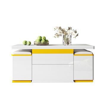 Mesa De Centro Elevable Y Convertible En Comedor, Blanca Y Amarilla, 100 X 50 X 43 Cm