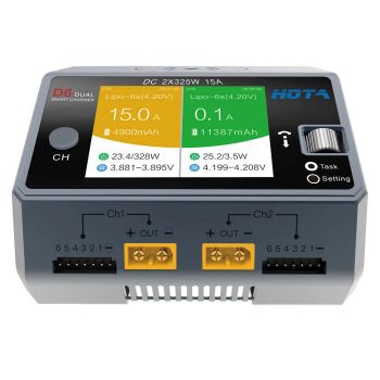 Cargador de batería LiPo de doble canal HOTA D6 DC 325W * 2 15A * 2 con carga inalámbrica para baterías NiZn / Nicd / Ni