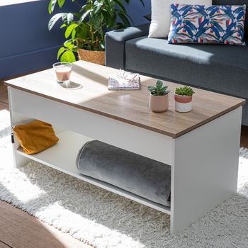 Mesa De Centro Con Tapa Elevable Blanca Y Madera Hedda