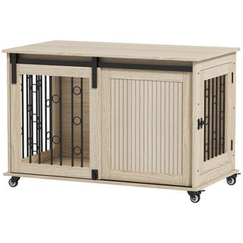 PawHut Jaula para Perros Medianos y Grandes Mesa Auxiliar Moderna con 2 Puertas y Cierre 100x56x65 cm Roble   Aosom España