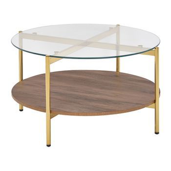 Mesa De Centro Moderna Tablero De Vidrio Templado Estructura De Metal 1 Estante Madera Oscura Dorado Lovell