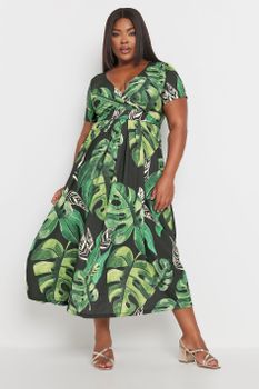 Yours Curve Black Leaf Print Short Sleeve Wrap Maxi Dress, Mujer Curvy Y Tallas Grandes, Yours