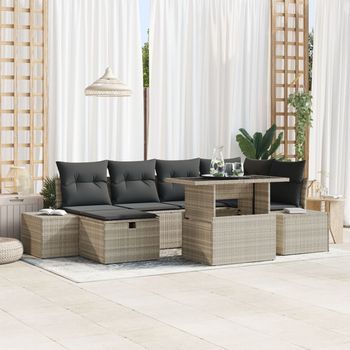 Conjunto De Sofás De Jardín De 7 Piezas Con Cojines Gris Claro Ratán Poliéster V0826 Unico / Beige