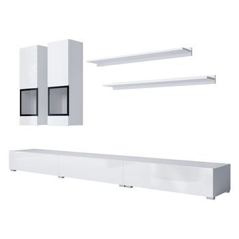 Composición Mural Ramos - Color Blanco - Mueble Tv Xl, 2 Vitrinas Y 2 Estanterías - Diseño