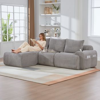 Sofá Modular De 3 Plazas - Mueble Para Salón - Pana - Gris Claro (268x174x80cm)