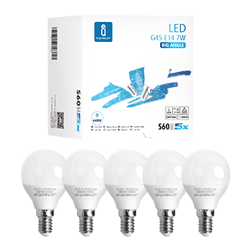Aigostar - Bombilla LED G45, casquillo fino E14, 7W, luz fría 6400K, 560 lúmenes, ahorro de energía, ángulo de apertura 230º, CRI> 80. No regulable. Caja de 5 unidades