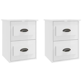 Pack 2 Uds Mesitas De Noche | Mesa Auxiliar | Mesilla De Pared Blanco Brillante 41,5x36x53 Cm
