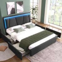 cama tapizada gris de 160x200 cm con led cuatro cajones y cabecero regulable