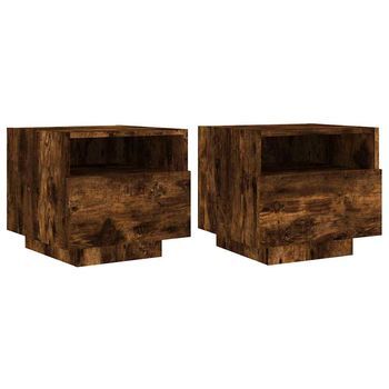 Pack 2 Uds Mesitas De Noche | Mesa Auxiliar | Mesilla Con Luces Led Roble Ahumado 40x39x37 Cm