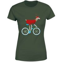 biking reindeer womens christmas t-shirt - forest green - xs - forest green