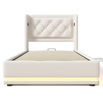 Cama Canapé Acolchada De 90 X 200cm En Símil Piel Con Función De Carga Y Led A Los Pies De La Cama Blanco