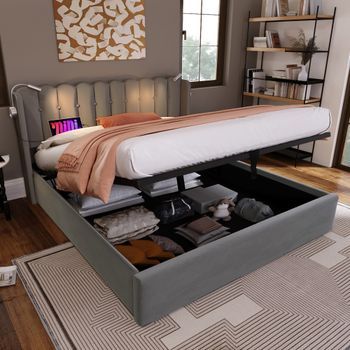 Cama Tapizada Doble 140x200 Cm Terciopelo Gris Luz Lectura Carga Cabecero Almacenamiento Somier Láminas