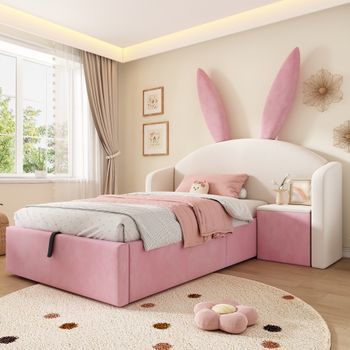 Cama Infantil De Terciopelo Acolchada Con Almacenamiento Y Mesita De Noche, Cabecera Con Orejas De Conejo, 90x190 Cm, Beige Y Rosa