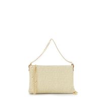 bolso de mano de rafia con bandolera de doble cadena natural