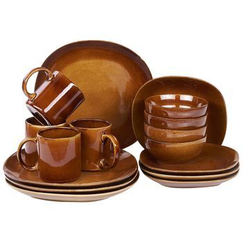 Conjunto De 16 Piezas De Gres Marrón Dorado 4 Personas Esmalte Reactivo Turmeric