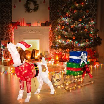 Decoraciones Navideñas Iluminadas Combo De Perro Trineo Y Cajas De Regalo De Navidad Con 170 Luces Led Cfw55251