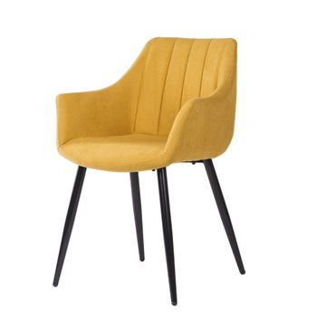 Silla con reposabrazos, patas negras y asiento mostaza.