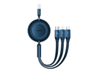 cable usb - baseus 3-en-1 bright mirror 66w retractil carga rapida multidispositivo usb-c a usb-c-lightning-micro 110 cm azul