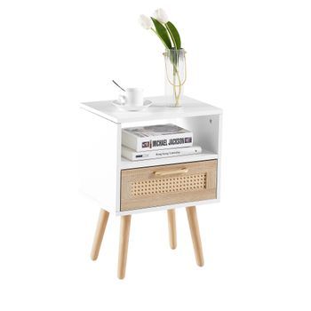 Mesita De Noche De Mdf Con Ratán Natural 40x30x55cm Blanco Y Madera Con Patas De Madera Maciza